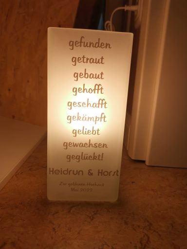 Dekorative Lampe mit aufgedruckten Begriffen zur positiven Motivation.